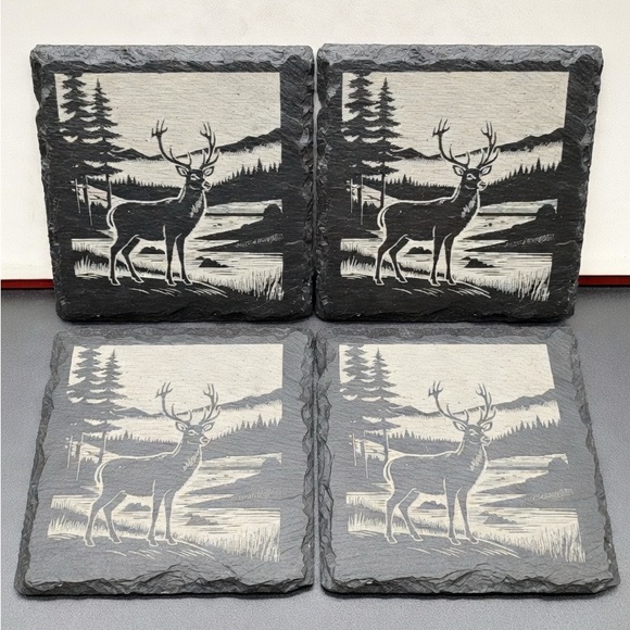 None Other - Rustic Deer Slate Coasters - Black and Gray (Set of 4) Laser Engraved Coated